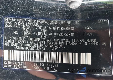 2017 Toyota Sienna Xle 7 Passenger z USA, uszkodzony, nr VIN 5TDDZ3DC6HS182423